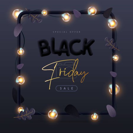 Illustration for Black friday big sale poster with 3D black plastic letters, autumn leaves and electric lamps. Vector illustration - Royalty Free Image