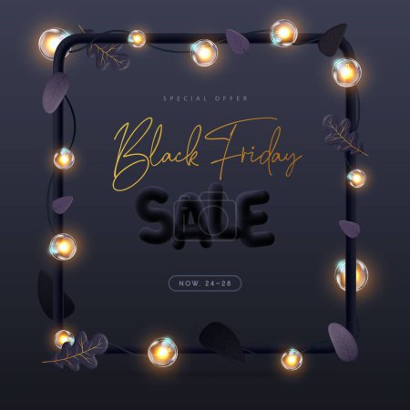 Illustration for Black friday big sale poster with 3D black plastic letters, autumn leaves and electric lamps. Vector illustration - Royalty Free Image