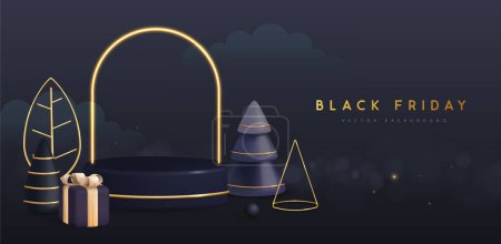 Ilustración de Cartel de gran venta de viernes negro con podio de plástico 3D, caja de regalo y arco de neón. Ilustración vectorial - Imagen libre de derechos