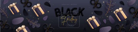 Ilustración de Cartel de gran venta de viernes negro con letras de plástico negro en 3D, hojas de otoño y caja de regalo. Ilustración vectorial - Imagen libre de derechos