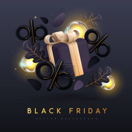 Illustration for Black friday big sale poster with 3D gift box, autumn leaves and electric lamps. Vector illustration - Royalty Free Image