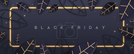 Illustration for Black friday big sale poster with 3D leaves  and neon frame on black background. Vector illustration - Royalty Free Image