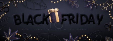Illustration for Black friday big sale poster with 3D letters, gift box, autumn leaves and string of lights. Vector illustration - Royalty Free Image