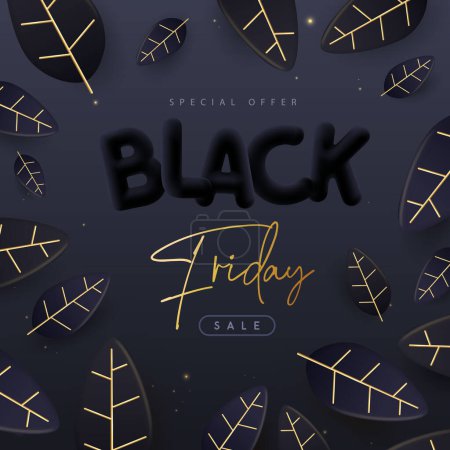 Téléchargez les illustrations : Black Friday grande affiche de vente avec 3D lettres en plastique noir et feuilles sur fond noir. Illustration vectorielle - en licence libre de droit
