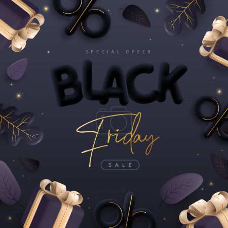 Black Friday großes Verkaufsposter mit schwarzen 3D-Plastikbuchstaben, Herbstblättern und Geschenkschachtel. Vektorillustration