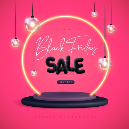 Illustration for Black friday big sale poster with 3D black plastic podium, neon arch and electric lamps on pink background. Vector illustration - Royalty Free Image