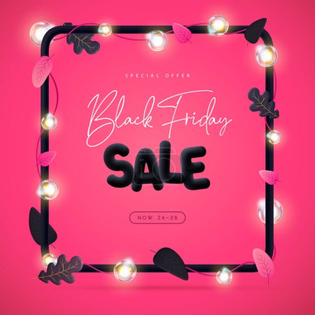 Illustration for Black friday big sale poster with 3D black plastic letters, autumn leaves and electric lamps on pink background. Vector illustration - Royalty Free Image