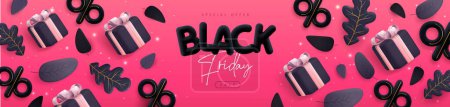 Téléchargez les illustrations : Grande affiche de vente du vendredi noir avec lettres en plastique noir 3D, feuilles d'automne et fond rose boîte cadeau. Illustration vectorielle - en licence libre de droit