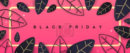 Ilustración de Cartel grande de la venta del viernes negro con hojas 3D y marco de neón sobre fondo rosa. Ilustración vectorial - Imagen libre de derechos