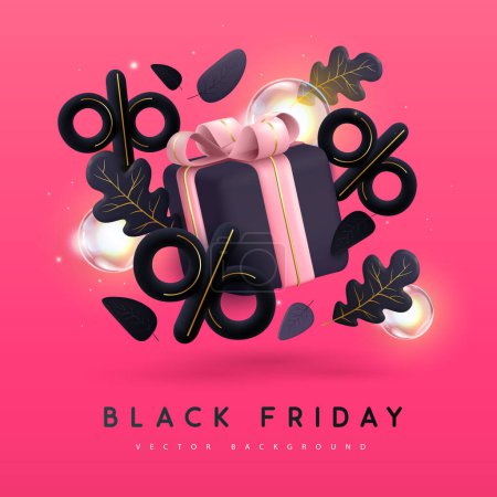 Illustration for Black friday big sale poster with 3D gift box, autumn leaves and electric lamps on pink background. Vector illustration - Royalty Free Image