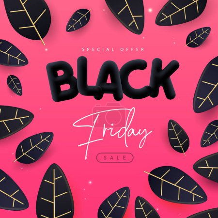 Ilustración de Cartel grande de la venta del viernes negro con letras y hojas de plástico negro 3D sobre fondo rosa. Ilustración vectorial - Imagen libre de derechos