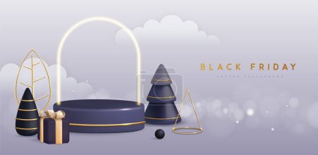 Illustration for Black friday big sale poster with 3D plastic podium, gift box and neon arch. Vector illustration - Royalty Free Image