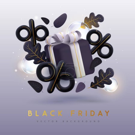 Illustration for Black friday big sale poster with 3D gift box, autumn leaves and electric lamps. Vector illustration - Royalty Free Image