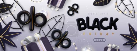 Ilustración de Cartel de gran venta de viernes negro con letras 3D, caja de regalo, hojas de otoño y cadena de luces. Ilustración vectorial - Imagen libre de derechos
