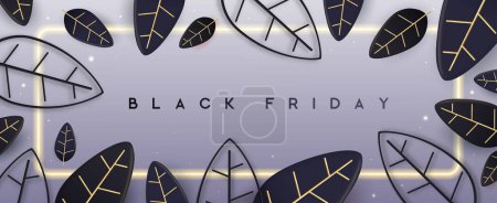 Téléchargez les illustrations : Black Friday grande affiche de vente avec des feuilles 3D et cadre néon sur fond blanc. Illustration vectorielle - en licence libre de droit