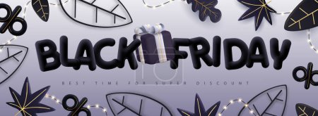 Illustration for Black friday big sale poster with 3D letters, gift box, autumn leaves and string of lights. Vector illustration - Royalty Free Image