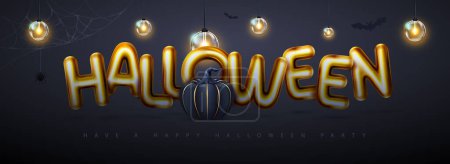 Ilustración de Fondo de vacaciones de Halloween con letras metálicas de oro en 3D, calabaza y lámparas eléctricas. Ilustración vectorial - Imagen libre de derechos