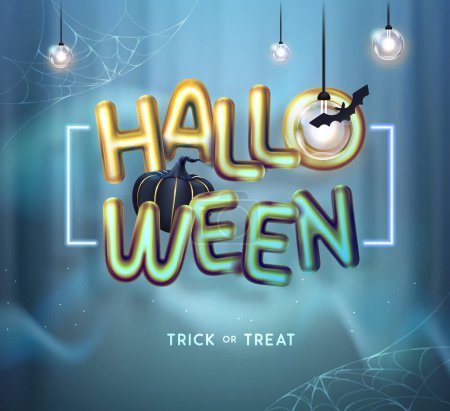 Ilustración de Fondo de vacaciones de Halloween con letras metálicas de oro en 3D, calabaza y lámparas eléctricas. Ilustración vectorial - Imagen libre de derechos