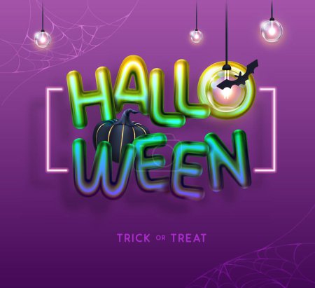 Illustration for Halloween holiday background with 3D chromic letters, pumpkin and electric lamps. Vector illustration - Royalty Free Image