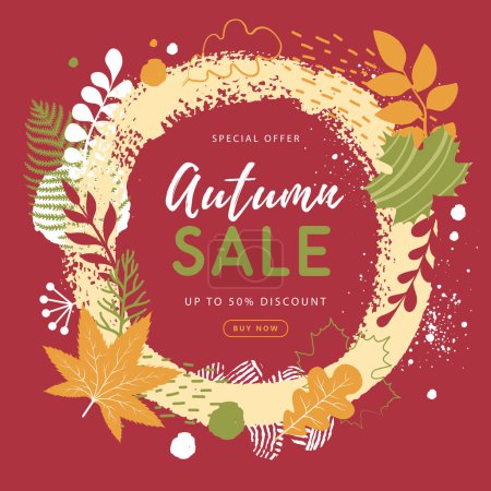 Illustration for Autumn big sale poster with simple floral elements and autumn leaves. Leaf fall. Vector illustration - Royalty Free Image