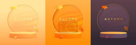 Ilustración de Conjunto de fondos de otoño con podio 3d, hojas que caen de otoño y arco de lujo de oro. Ilustración vectorial - Imagen libre de derechos