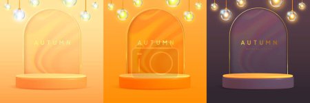 Illustration for Set of autumn backgrounds with 3d podium, electric lamps and gold luxury arch. Vector illustration - Royalty Free Image