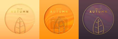 Illustration for Set of autumn backgrounds with 3d gold leaf and gold luxury arch. Greeting card design. Vector illustration - Royalty Free Image