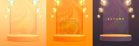 Illustration for Set of autumn backgrounds with 3d podium and electric lamps. Vector illustration - Royalty Free Image