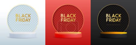 Illustration for Set of black friday showcase backgrounds with 3d podium and golden arch. Vector illustration - Royalty Free Image