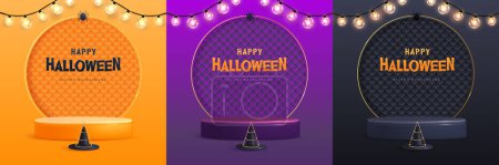 Téléchargez les illustrations : Ensemble de décors de vitrine Halloween avec podium 3D, chapeau de sorcière et lumières électriques. Halloween fond effrayant. Illustration vectorielle - en licence libre de droit
