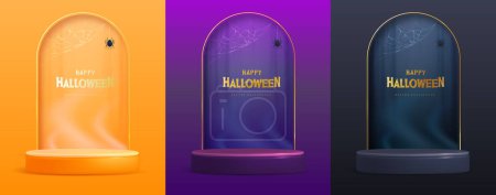 Illustration for Set of Halloween showcase backgrounds with 3d podium, spider web and wild forest. Halloween spooky background. Vector illustration - Royalty Free Image