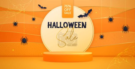 Ilustración de Banner de venta de vacaciones de Halloween con podio 3d, arañas y tela de araña. Fondo espeluznante de Halloween. Ilustración vectorial - Imagen libre de derechos