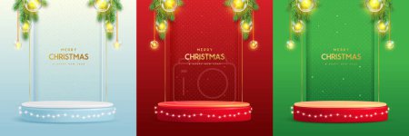 Téléchargez les illustrations : Ensemble d'arrière-plans vitrine de Noël de vacances avec podium 3D et chaîne de lumières. Illustration vectorielle - en licence libre de droit