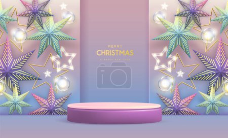Illustration for Christmas holiday showcase background with 3d podium, Christmas stars and electric lamps. Vector illustration - Royalty Free Image