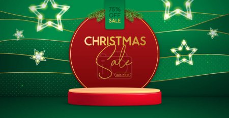 Illustration for Christmas holiday big sale banner with 3d podium, Christmas stars and wave sparkle background. Vector illustration - Royalty Free Image