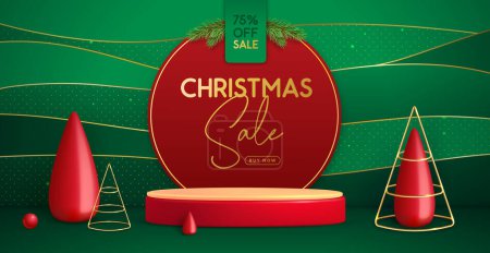 Illustration for Christmas holiday big sale banner with 3d podium, Christmas tree and wave sparkle background. Vector illustration - Royalty Free Image