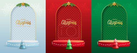 Téléchargez les illustrations : Ensemble d'arrière-plans vitrine de Noël de vacances avec podium 3D, arbre de Noël et étoiles. Illustration vectorielle - en licence libre de droit