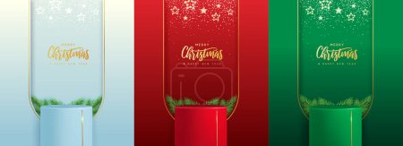 Illustration for Set of holiday Christmas showcase backgrounds with 3d podium and stars. Vector illustration - Royalty Free Image