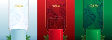 Illustration for Set of holiday Christmas showcase backgrounds with 3d podium and marble texture. Vector illustration - Royalty Free Image