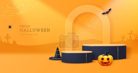 Ilustración de Halloween muestra fondo con podios 3d, calabaza de halloween y cementerio. Fondo espeluznante de Halloween. Escena mínima abstracta. Ilustración vectorial - Imagen libre de derechos