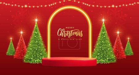 Illustration for Holiday Christmas showcase background with 3d podium, neon arch and Christmas tree. Vector illustration - Royalty Free Image