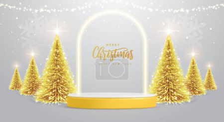 Ilustración de Navidad vacaciones fondo escaparate con el podio 3d, arco de neón y árbol de Navidad. Ilustración vectorial - Imagen libre de derechos