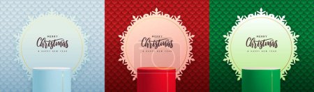Illustration for Set of holiday Christmas showcase backgrounds with 3d podium and snowflake cut out silhouette. Vector illustration - Royalty Free Image