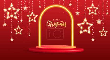 Téléchargez les illustrations : Fond vitrine de Noël de vacances avec podium 3d, arc néon et étoiles de Noël. Illustration vectorielle - en licence libre de droit