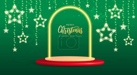 Illustration for Holiday Christmas showcase background with 3d podium, neon arch and Christmas stars. Vector illustration - Royalty Free Image