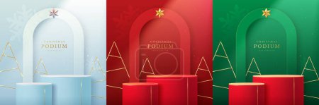Illustration for Set of holiday Christmas showcase  backgrounds with 3d podiums, metallic Christmas trees and arch. Abstract minimal scene. Vector illustration - Royalty Free Image