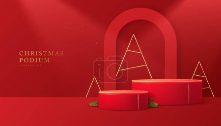 Ilustración de Navidad Navidad escaparate fondo rojo con 3d podios y arco. Escena mínima abstracta. Ilustración vectorial - Imagen libre de derechos