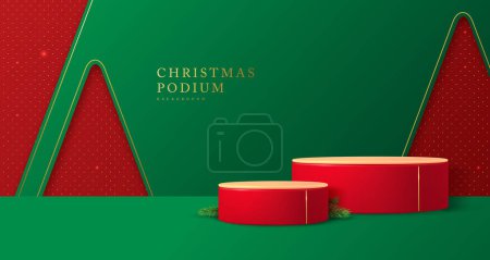 Téléchargez les illustrations : Vitrine de Noël de vacances fond vert avec podiums 3d. Scène minimale abstraite. Illustration vectorielle - en licence libre de droit