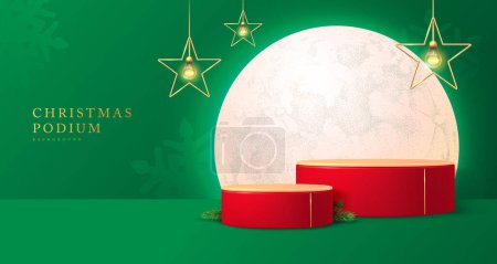 Illustration for Holiday Christmas showcase green background with 3d podiums, full moon and electric lamps. Abstract minimal scene. Vector illustration - Royalty Free Image