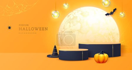 Illustration for Halloween showcase background with 3d podiums, halloween pumpkin and full moon. Halloween spooky background. Vector illustration - Royalty Free Image